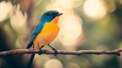 Colorful bird perched on a branch against a blurred background in a natural setting. Generative AI