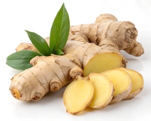Fototapeta premium Fresh ginger and sliced ​​ginger isolated on white background. 