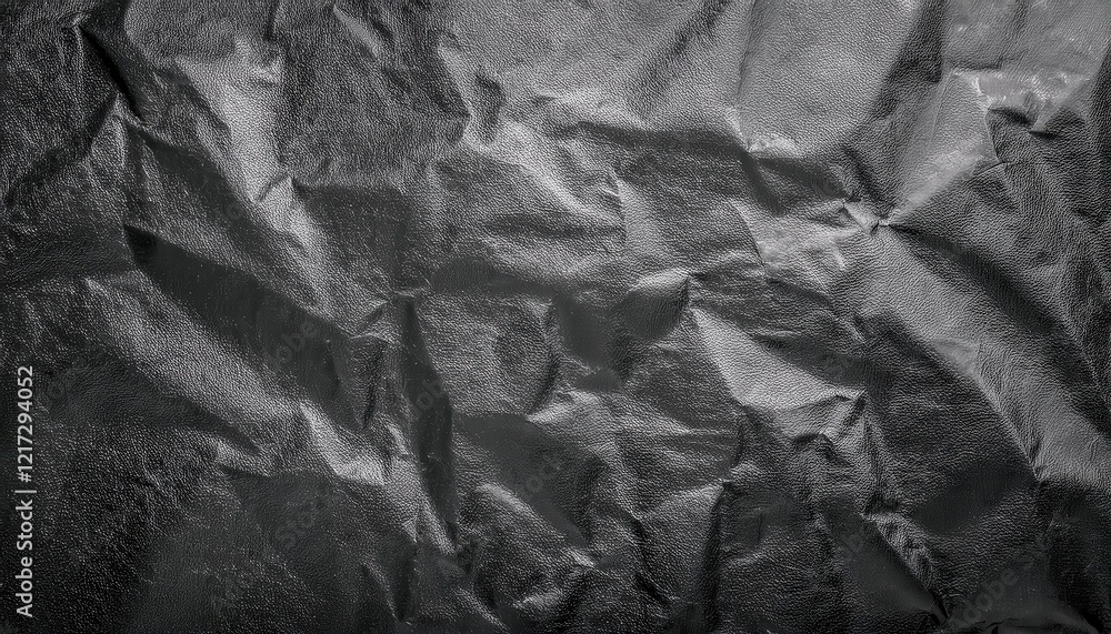 Poster crumpled textured black fabric with reflective glossy surface, abstract geometric folds for backgrou