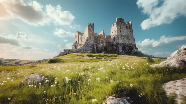 Old castil scene on the mountain, smooth repetitive motion for background video animation