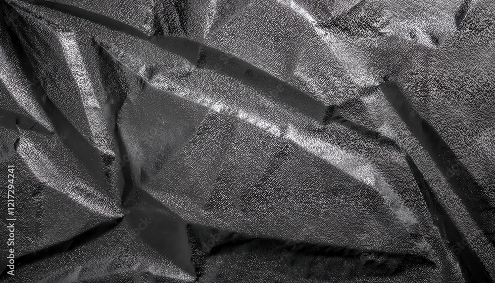 Aufkleber crumpled textured black fabric with reflective glossy surface, abstract geometric folds for background, texture design usage