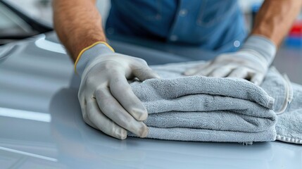 Fototapeta premium A person wearing gloves folds a clean, gray towel on a surface, indicating a focus on cleanliness and organization.