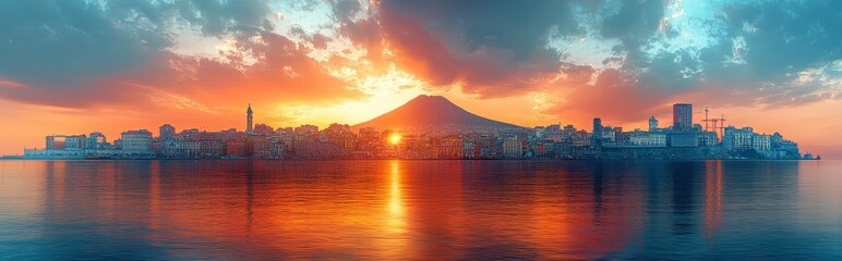 Fototapeta premium Wide-angle aerial perspective of Naples with Vesuvius volcano visible in the background, Campania, Italy
