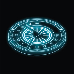 Neon blue sundial icon representing the measurement of time using the position of the sun