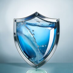 A shield design filled with vibrant blue water showcases the concept of protection and safety in a unique artistic form. The water movement adds dynamic energy to the visual.