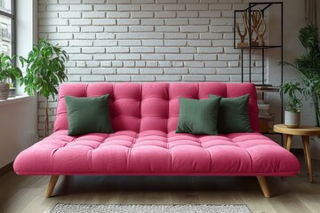 A pink armchair surrounded by tables and Christmas decorations near a white brick wall