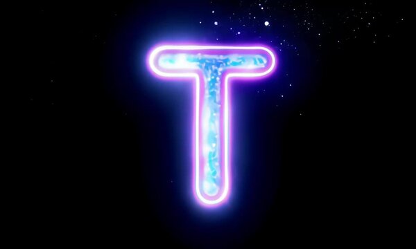 Glowing letter t neon light with particle effect dark background futuristic typography