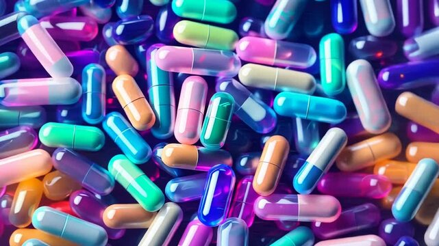 Background with pills and capsules in neon blue and purple colors. Medical drug or dietary supplement concept