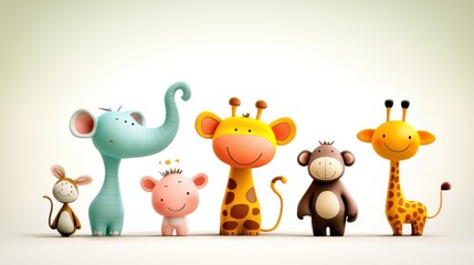 Fototapeta premium Celebrating wildlife icons of six mammals including tiger elephant monkey bear and giraffe in a colorful cartoon style environment