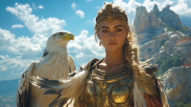 Woman with eagle, gold armor, mountain background. Usefantasy, mythology, historical