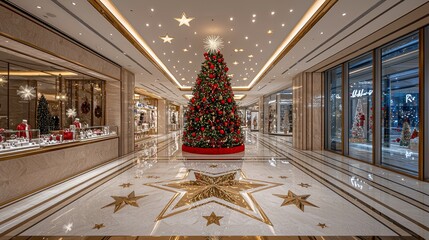 A luxurious Christmas shopping mall adorned with a decorated tree, featuring high-end retail experiences during the festive holiday season, offering an exclusive and opulent shopping atmosphere