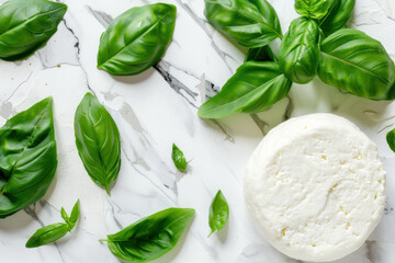 Obraz premium A block of fresh, soft cheese surrounded by vibrant green basil leaves on a white marble surface. A minimalistic and elegant food composition highlighting fresh ingredients. 
