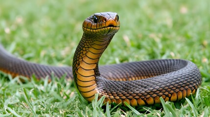 Fototapeta premium Captivating close-up of a vibrant snake resting on green grass in a natural habitat during daylight hours. Generative AI
