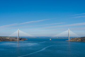 The Bosphorus flows into the Black Sea, view from the Yoros fortress, Anadolu Kavağı, Istanbul, Turkey. Sunny day