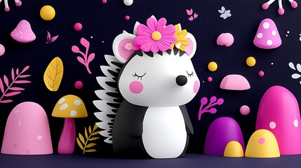 Naklejka premium Adorable Cartoon Hedgehog With Floral Crown In A Whimsical Forest Setting