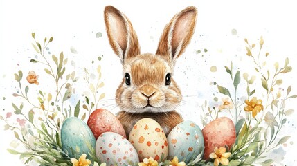 Obraz premium A cute Easter bunny surrounded by decorated eggs and greenery in a festive wreath, symbolizing spring, joy, and celebration. Ideal for Easter decor, holiday designs, and children's visuals.