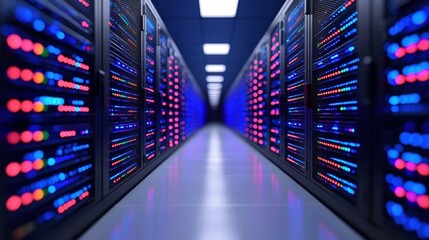 Obraz premium Row of computer servers in a data center with big data networking infrastructure visible
