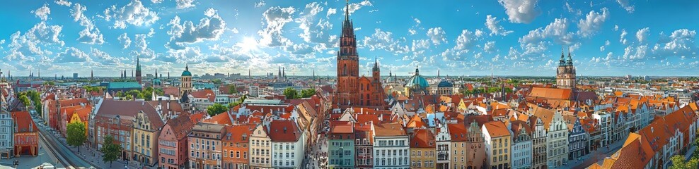 Fototapeta premium On a clear sunny day in July 2016, Celle, Germany, was captured in a panoramic aerial view showcasing its medieval skyline