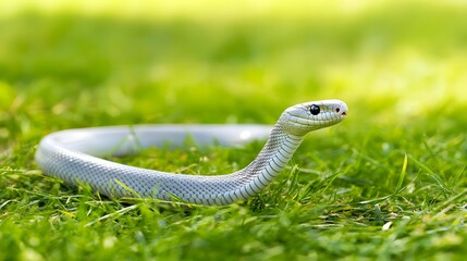 Fototapeta premium Captivating close-up of a vibrant snake resting on green grass in a natural habitat during daylight hours. Generative AI