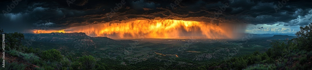 Poster a view from a panorama captures a storm moving in swiftly, illuminated by beams of sunlight filterin