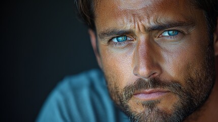 Fototapeta premium A man with a beard, lost in profound thought, gazing intensely into the