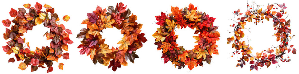 A collection of decorative autumn wreaths made from vibrant leaves in shades of red, orange, and yellow.