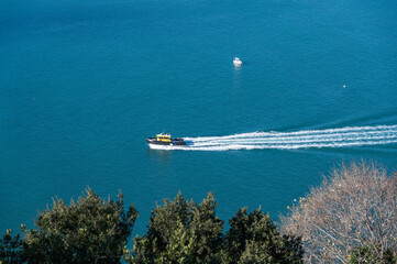 Aerial view of a boat on a sunny day, Bosphorus, Istanbul, Turkey