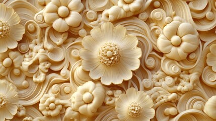 Intricate floral carving, beige relief, swirling patterns, textured surface.