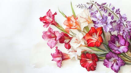 Colorful gladiolus and wisteria flowers on white background.