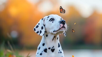 Adorable Dalmatian Puppy Gazing at Butterflies in an Autumnal Setting