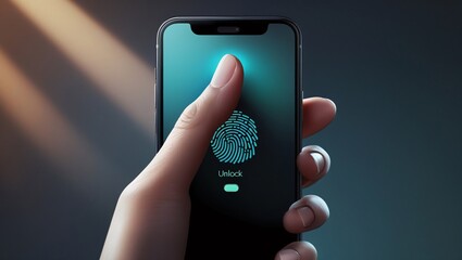 A sleek, modern mobile phone with a prominent fingerprint sensor on the screen, illuminated by a soft, blue-green glow, unlocking with a swift and seamless gesture, set against a dark muted background