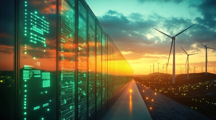 Green energy powers a massive data center at sunset.