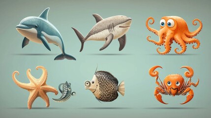 Obraz premium Exploring marine life iconic dolphin shark octopus crab and starfish designs underwater graphics digital art ocean environment creative perspective