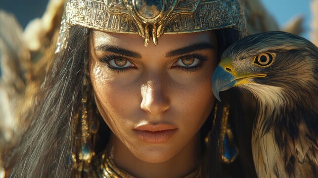 Desert Queen, falcon, ancient headdress, sunlit, powerful gaze, film still