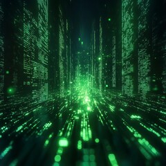 An abstract digital matrix with glowing green light patterns symbolizing data, technology, and connectivity