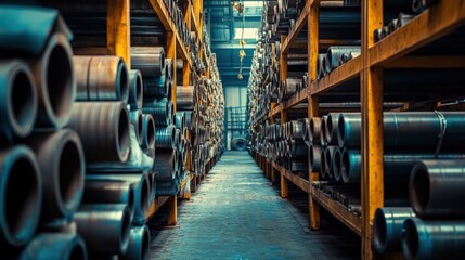 Fototapeta premium Metal pipes and tubes stacked in warehouse.