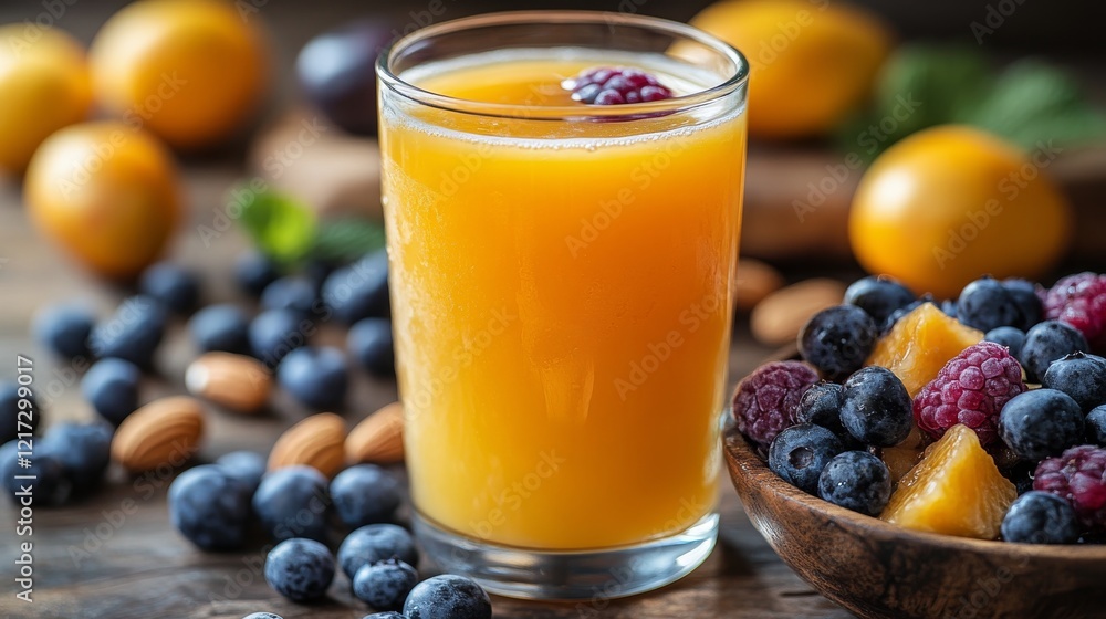 Poster refreshing fruit juice with mixed berries and nuts on a rustic table setting