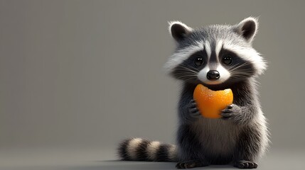 Obraz premium Cute raccoon holding a small orange fruit against a simple gray background