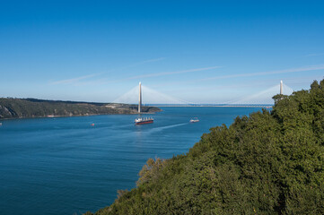 The Bosphorus flows into the Black Sea, view from the Yoros fortress, Anadolu Kavağı, Istanbul, Turkey. Sunny day