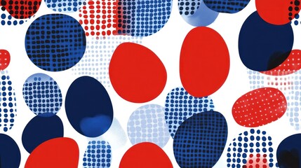Abstract seamless pattern with red, blue, and white polka dot and solid circles on white background.
