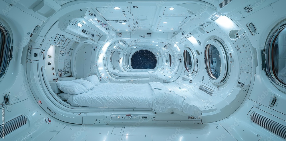 Poster a comprehensive 360° view showcasing a spaceship corridor with a sleek white aesthetic and reflectiv