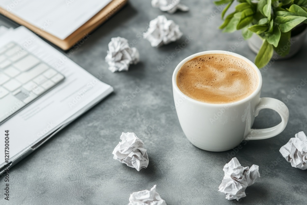 Poster a person staring at a computer screen with a worried frown, surrounded by crumpled papers and coffee