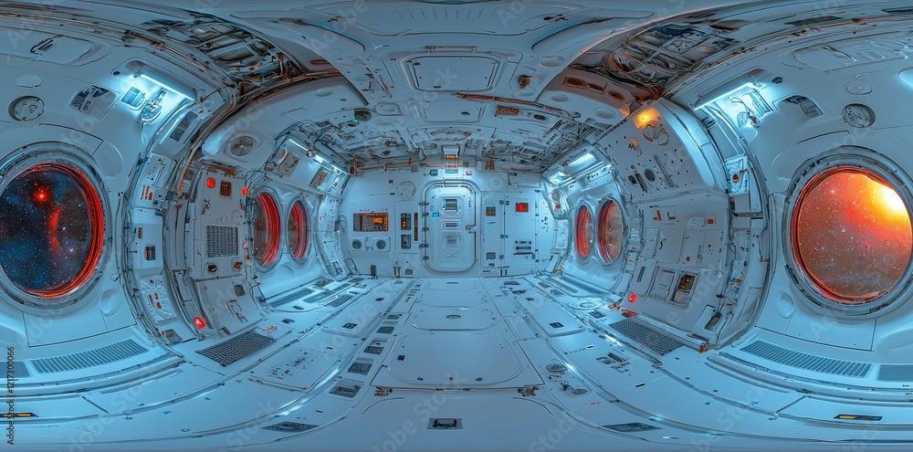 Poster a detailed 360° illustration of a spaceship corridor with a futuristic white design and mirrored ref