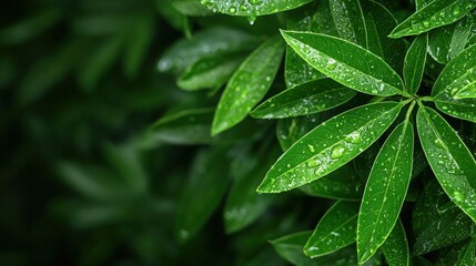 Close up of water droplets on leaf with breadfruit tree leaves in background