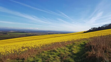 Fototapeta premium Rolling hills, vibrant yellow rapeseed field, sunny day, scenic view, travel photography