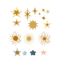 set of stars, starbursts, and sun in warm gold, soft beige, muted peach, deep teal, and light blue gray. fit for celestial themed projects, books illustration, pattern, stationery, wrapping paper 
