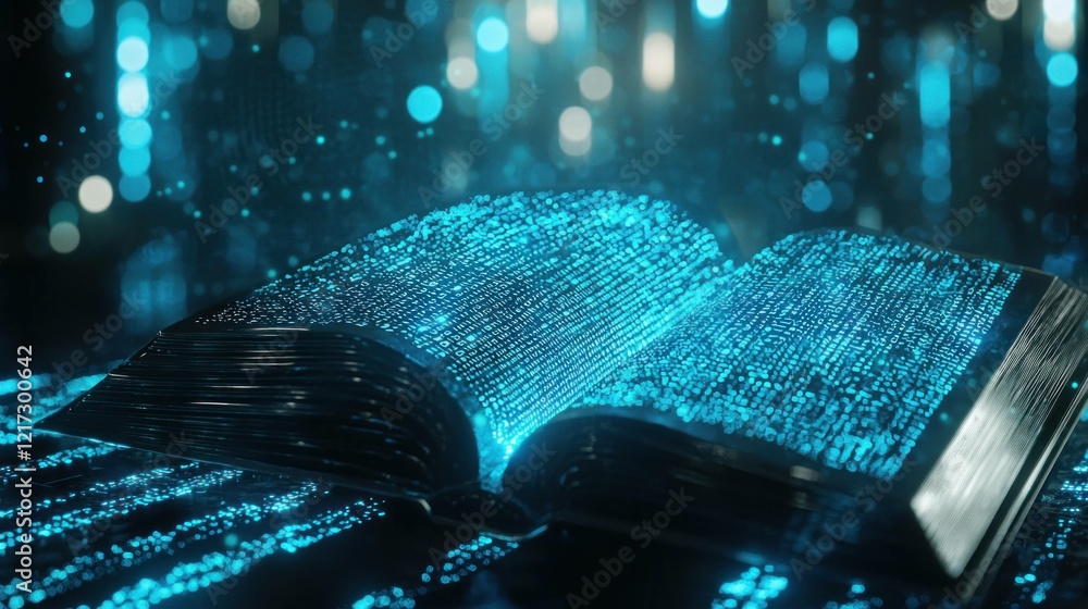 Poster open book with glowing blue binary code background, symbolizing digital knowledge and technology inn