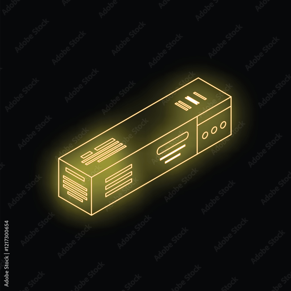Poster abstract glowing server rack with neon yellow lines on a black background, representing data storage