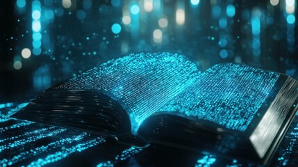 Open book with glowing blue binary code background, symbolizing digital knowledge and technology innovation Emotionally engaging, futuristic concept, ideal for tech related themes