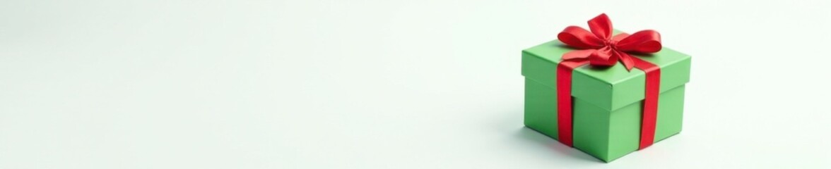 Obraz premium Festive green gift box with red ribbon on white background, present, green gift box, festive